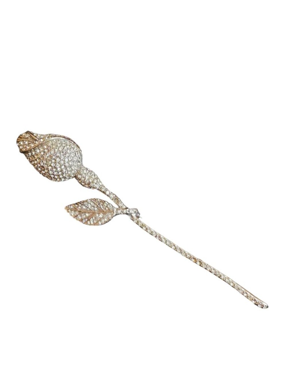 Vintage Signed Schrager Pave Rhinestone Long Stem Rose Brooch (A9301)
